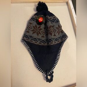 Navy and Gray Knit Earflap Hat  Snowflake Fleece Lined Winter Trapper Hat